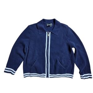 Colette Mordo Contrast Stripe Trim Knit Zip Front Cotton Cardigan L Retro Sporty